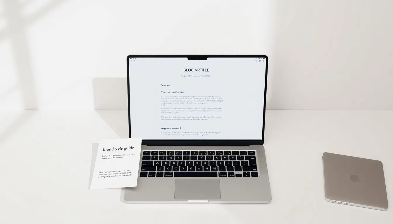 AI content generator for SEO showing a structured article draft with keyword research and on-page SEO elements on a laptop screen