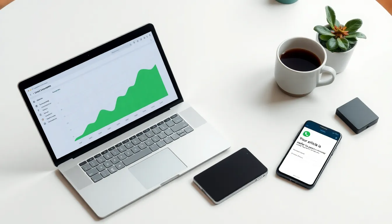 Small business founder using AI SEO tools on a laptop with content approval notification on smartphone