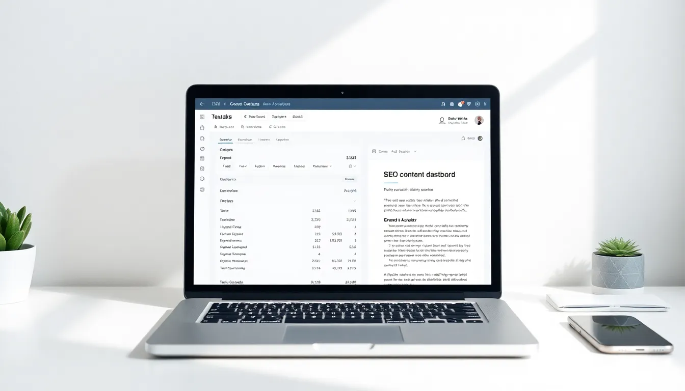 AI content generator for SEO showing keyword research and brand-voice article draft on a laptop dashboard