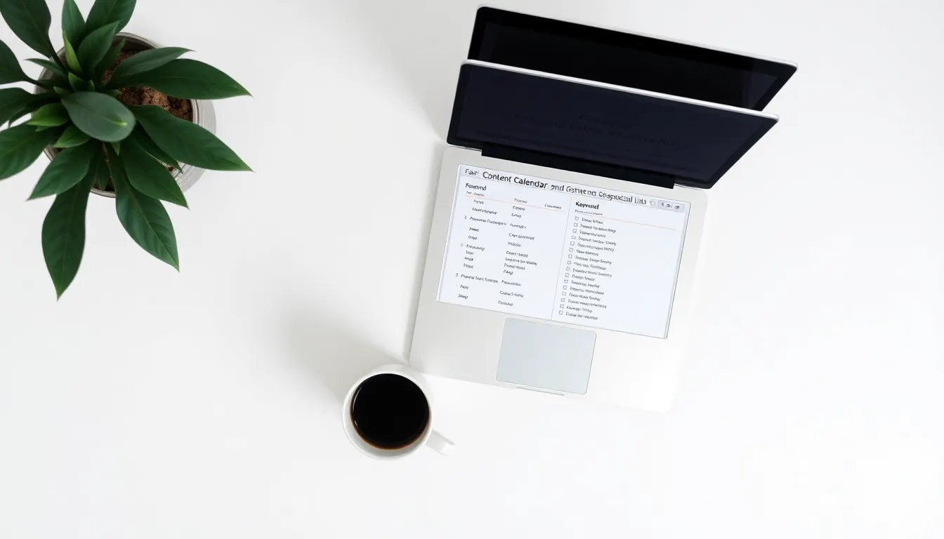 SEO content system planning setup with laptop showing content calendar and keyword research for a blog