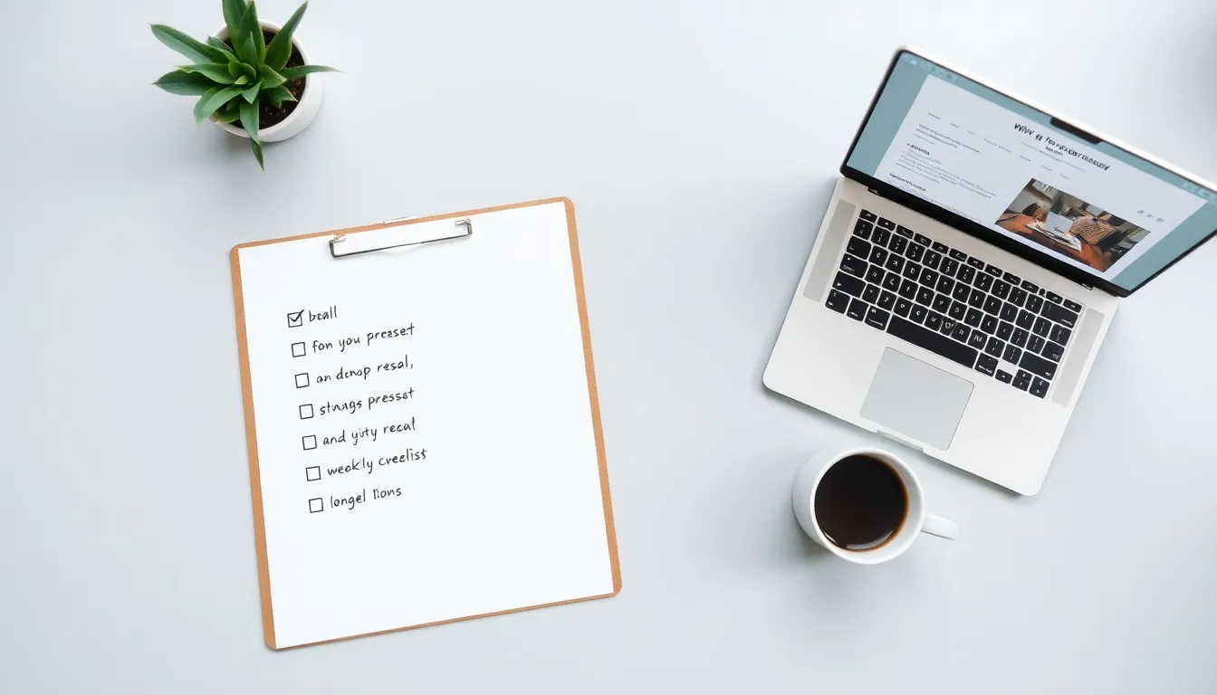 Content marketing checklist for small business SEO on a clipboard beside a laptop and coffee cup