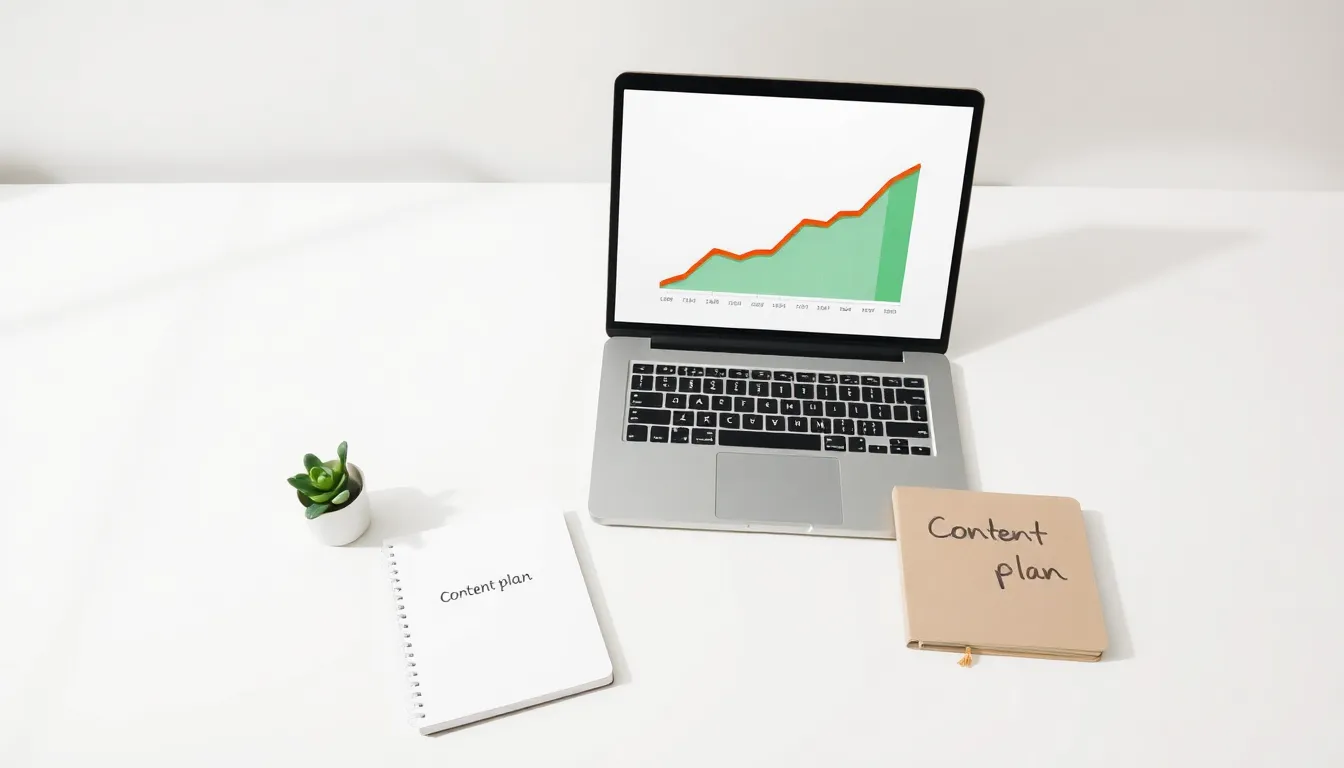Laptop showing rising Google rankings chart for a new website SEO strategy