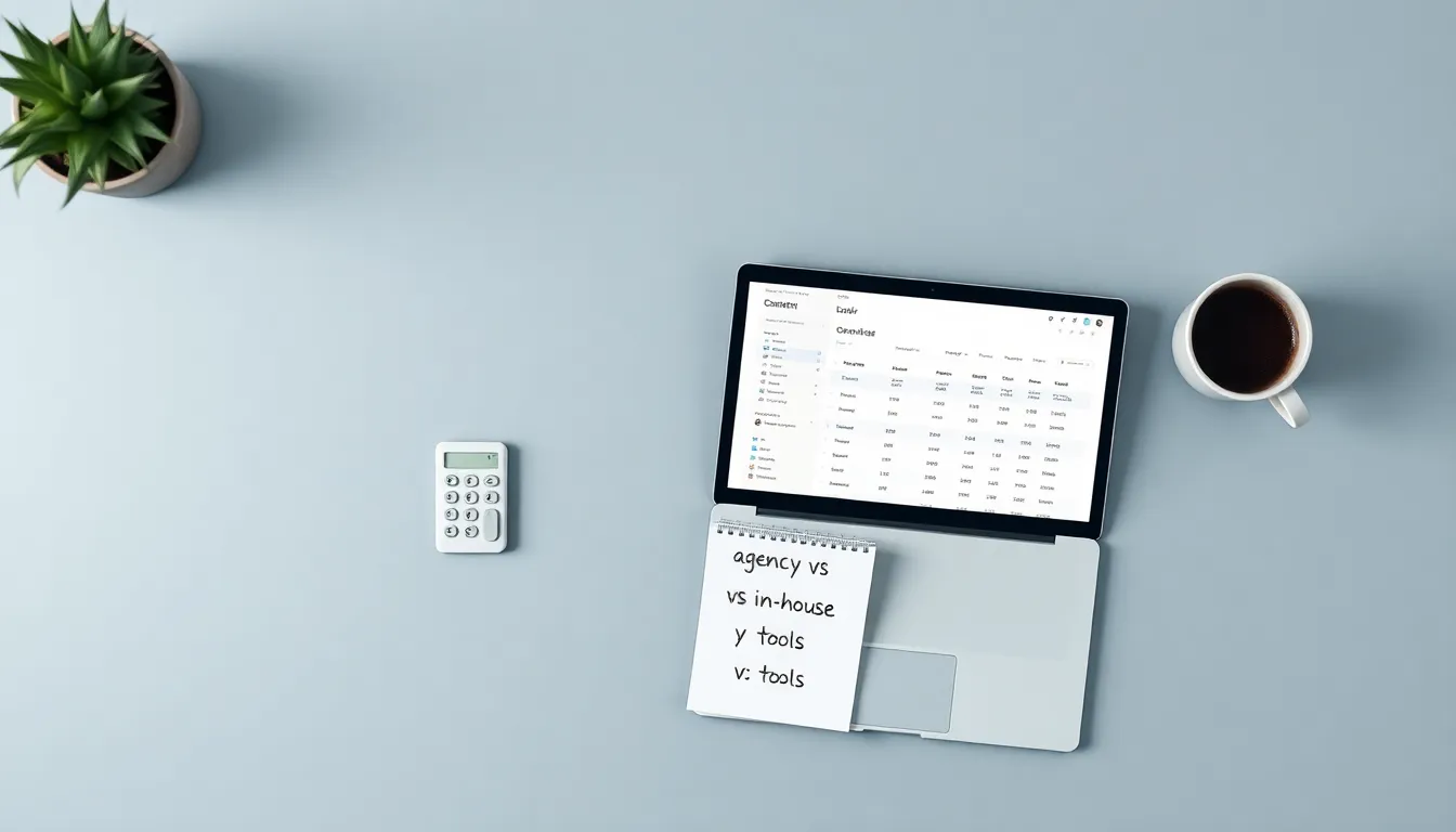 SEO content cost comparison — agency vs in-house vs automated tools on a clean desk workspace