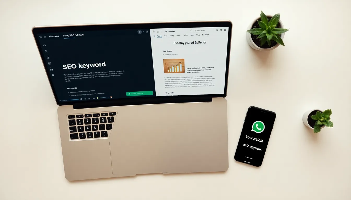 SEO content generation tools compared — laptop showing keyword research dashboard next to a published article draft with a phone approval notification