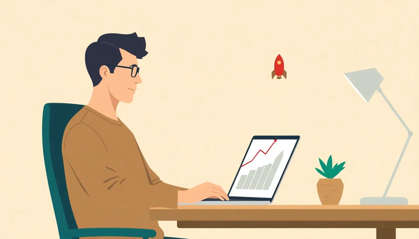 Bootstrapped startup founder building an SEO content strategy with an organic traffic graph trending upward
