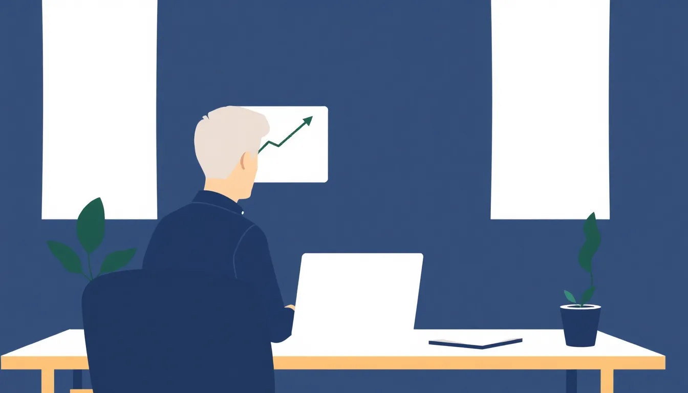 Small business owner reviewing an SEO content strategy on a laptop with an upward-trending organic traffic graph