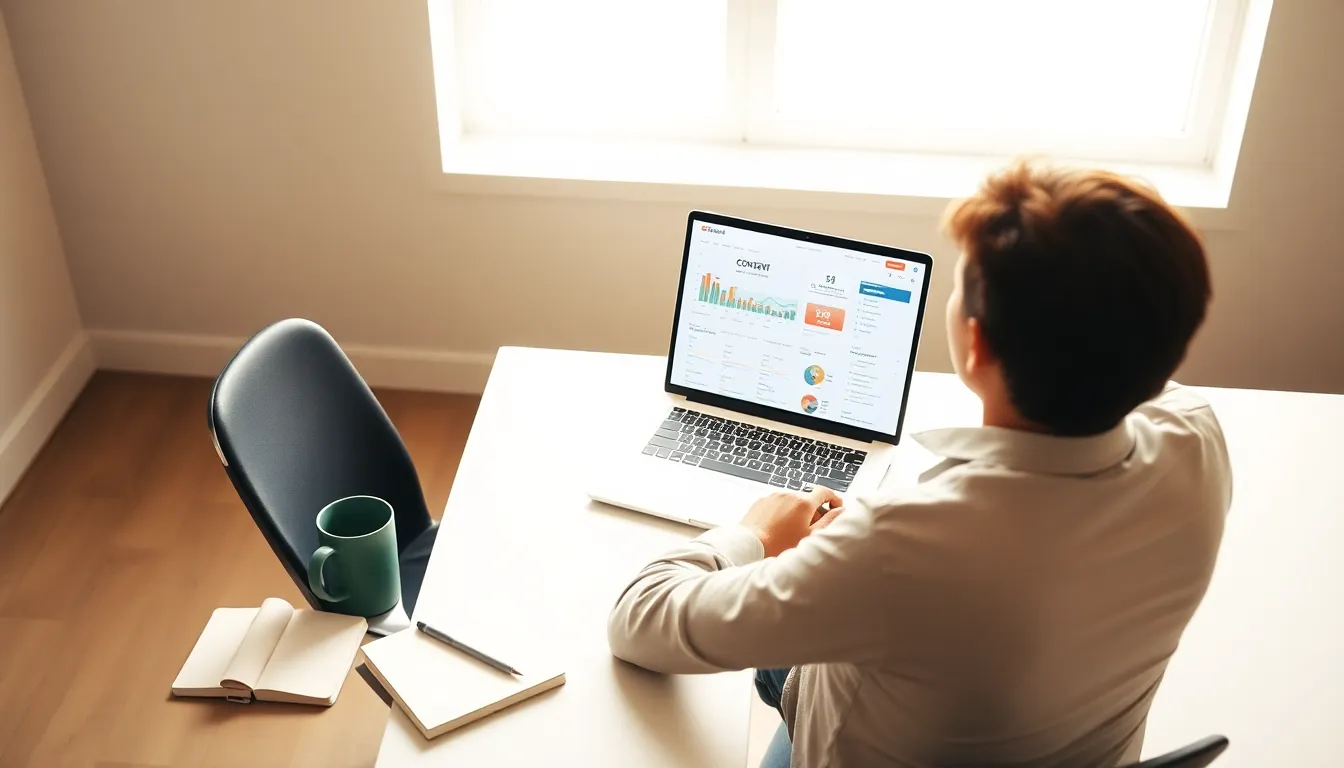 Solopreneur working on SEO content strategy at a minimal desk with laptop and coffee